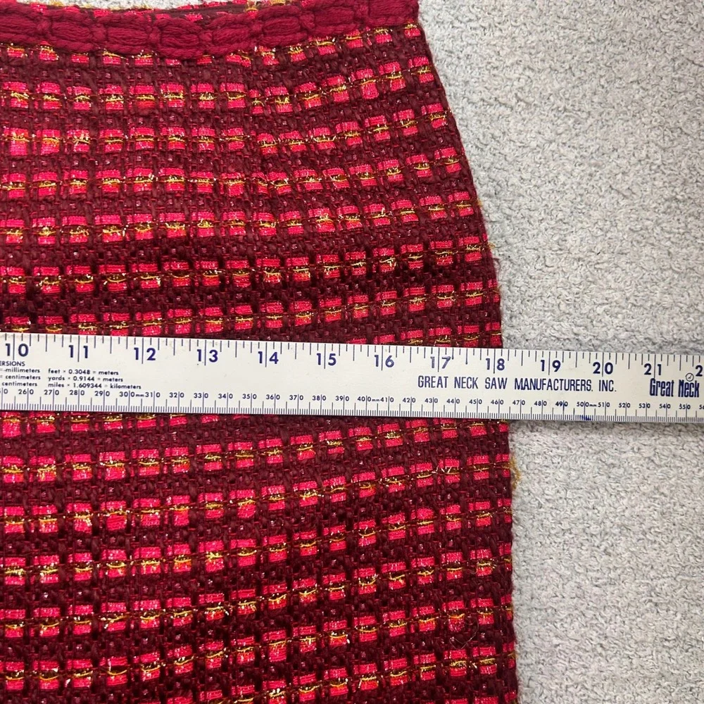New Tory Burch Metallic Tweed Mini Skirt Burgundy Red Gold 4 Old Money Preppy